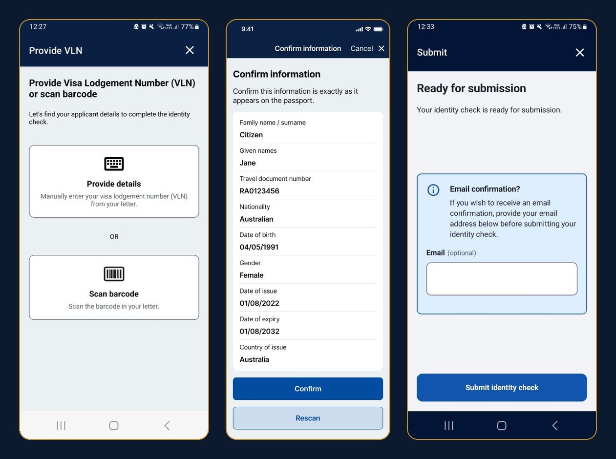 Three Australian Immi App screens: Provide VLN with options to enter details or scan the barcode; Confirm information listing sample passport details with Confirm and Rescan buttons; and Submit with an optional email field and a Submit identity check button